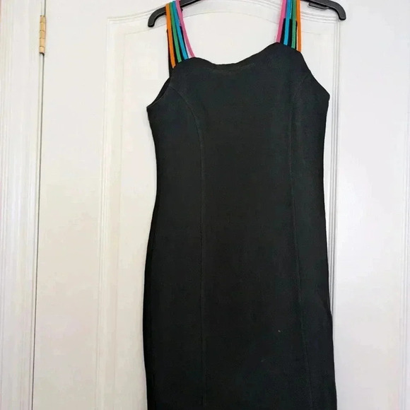 Vintage Simon Chang size M  black dress with colourful straps - Picture 2 of 7